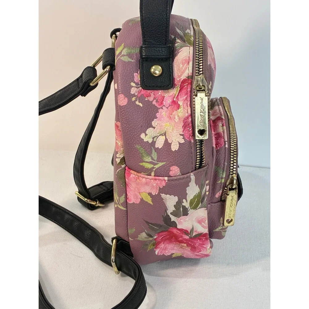 Betsey Johnson Mini Backpack Purple Floral Puppy Dog Bag Kitsch Kawaii Coquette